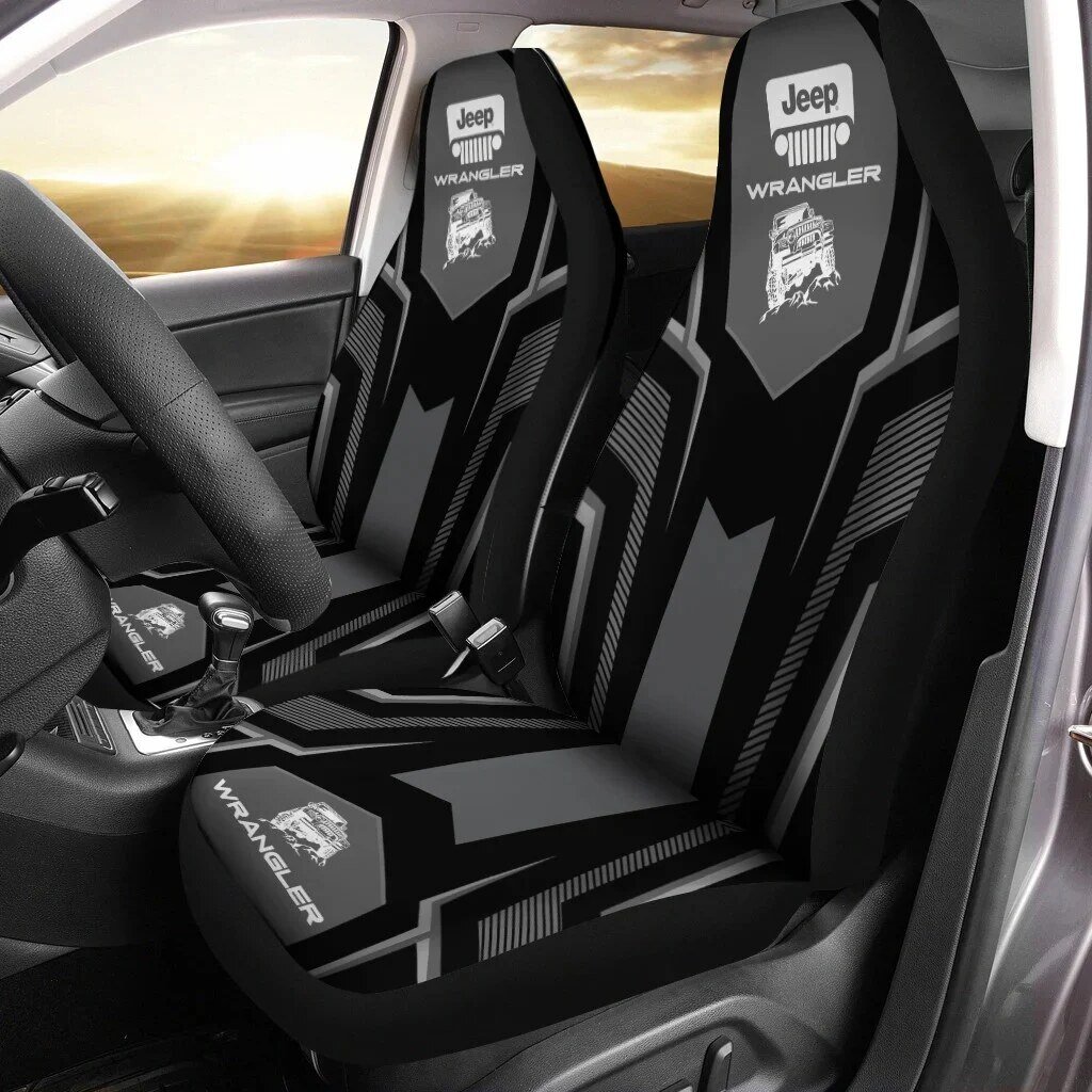 Jeep Wrangler Car Seat Cover Set, Black and Grey Geometric Design Auto Interior Protector