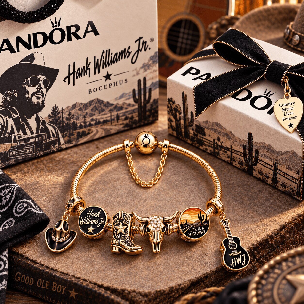 Hank Williams Jr. Gold Charm Bracelet Set Country Music Jewelry
