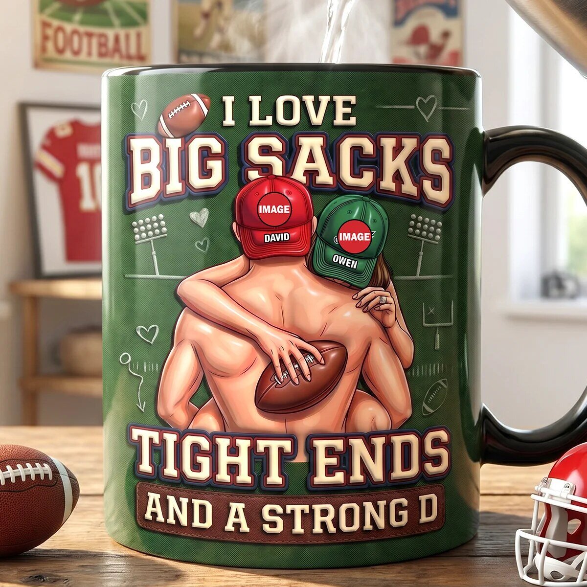 Funny Football Couple Magic Mug - Personalized Big Sacks Tight Ends Coffee Cup