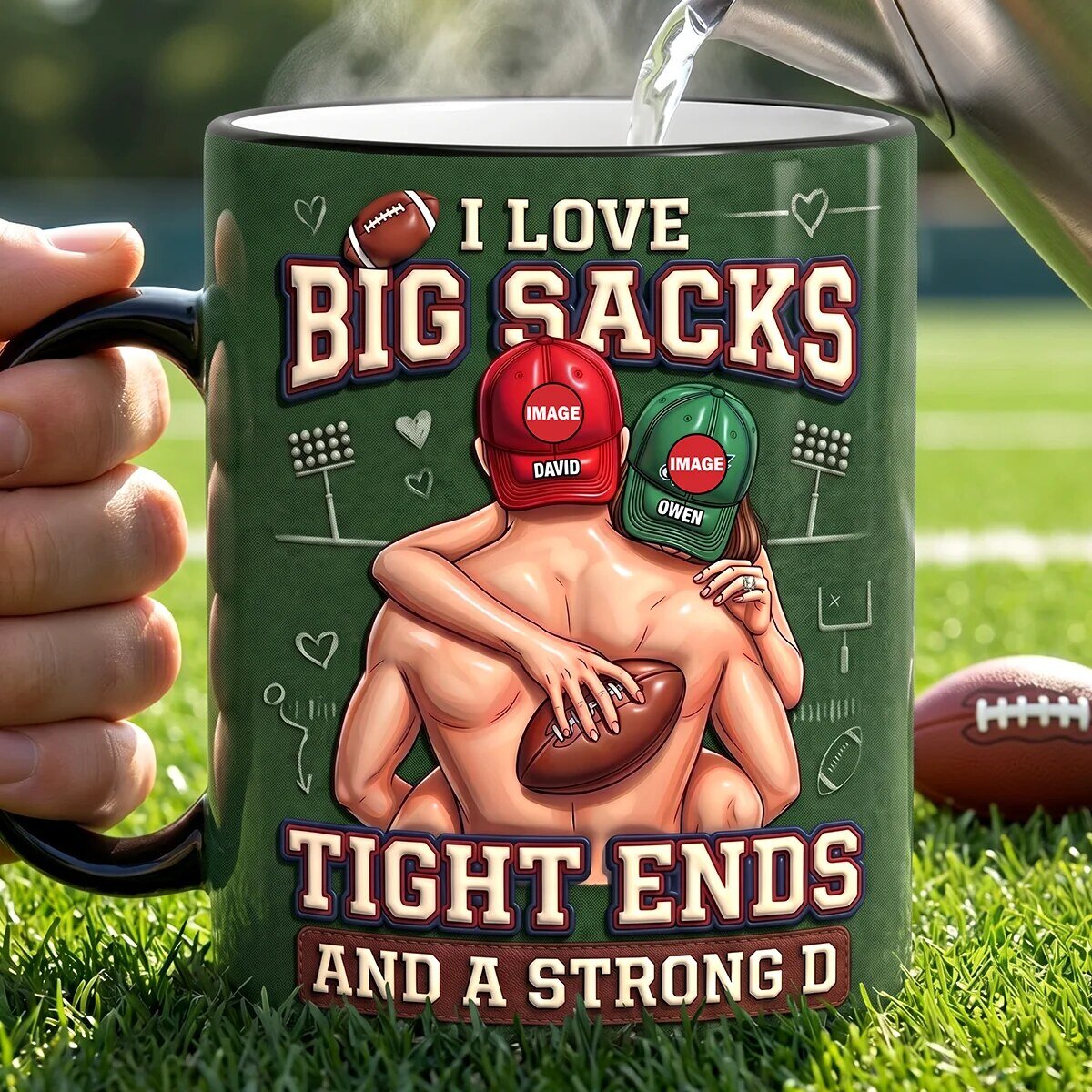 Funny Football Couple Magic Mug - Personalized Big Sacks Tight Ends Coffee Cup
