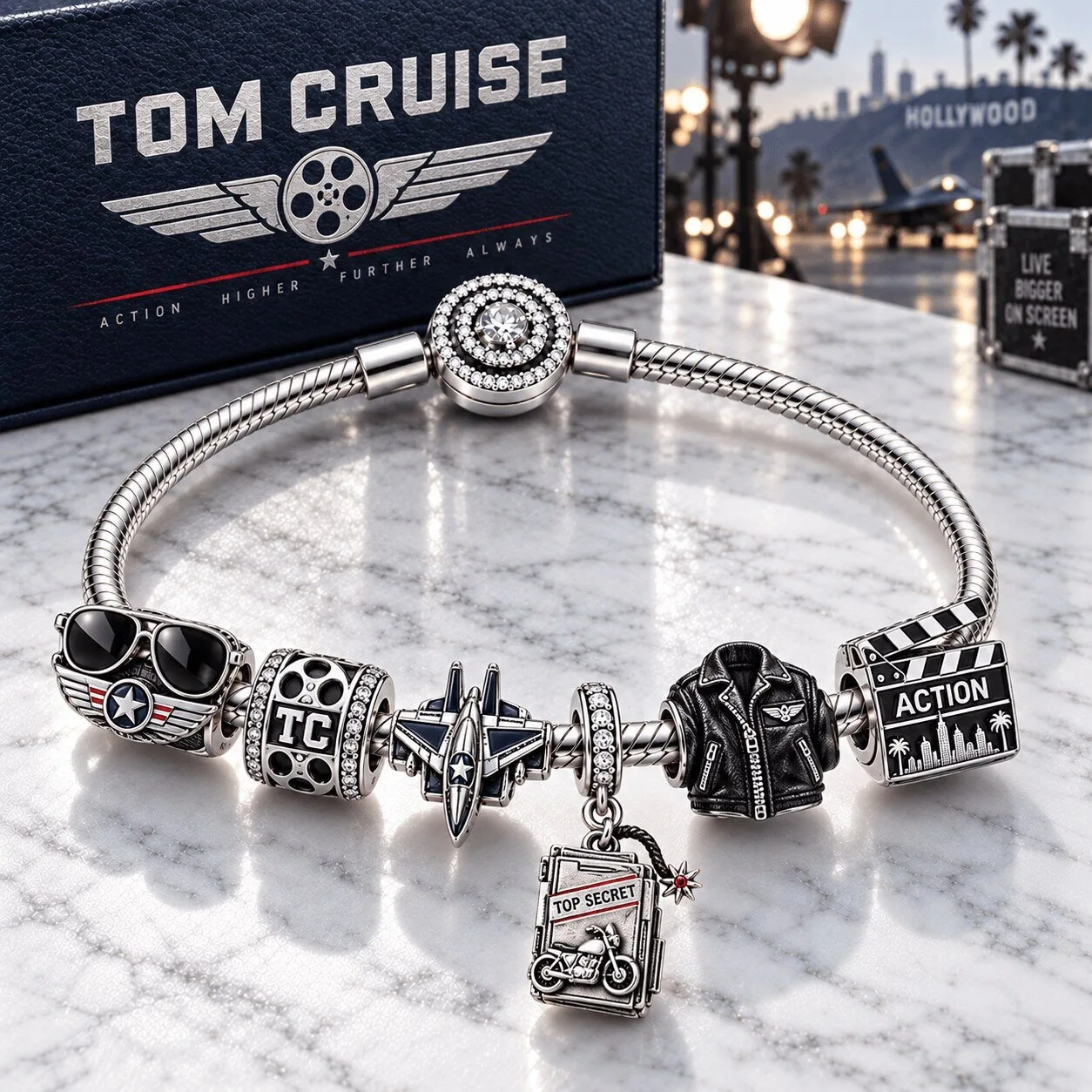 Tom Cruise Top Gun Movie Charm Bracelet with Aviator Sunglasses and Jet Plane