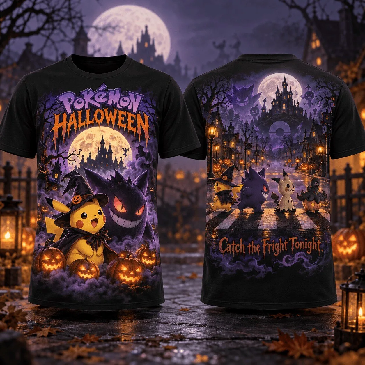 Pokemon Halloween Pikachu Gengar Mimikyu Pumpkin Full Moon Black T-Shirt