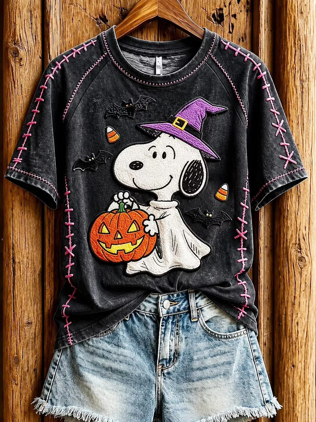 Snoopy Ghost Halloween Pumpkin Candy Corn Embroidered Black Women's T-Shirt