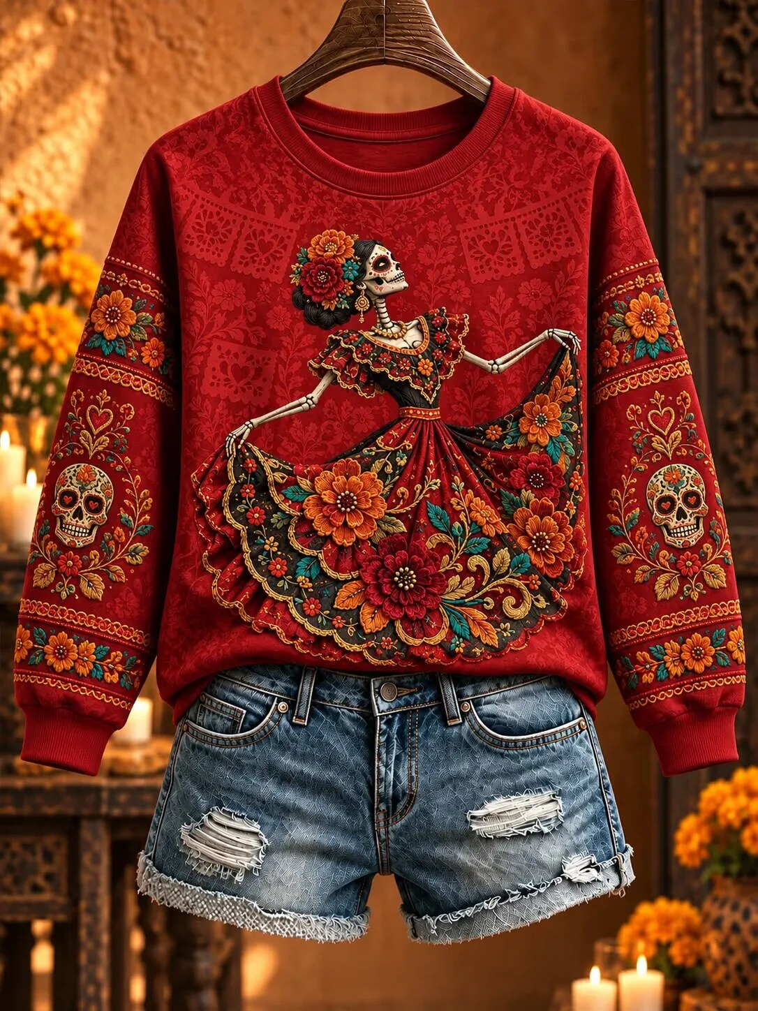 Mexican Day of the Dead Sugar Skull Dancer Red Sweatshirt