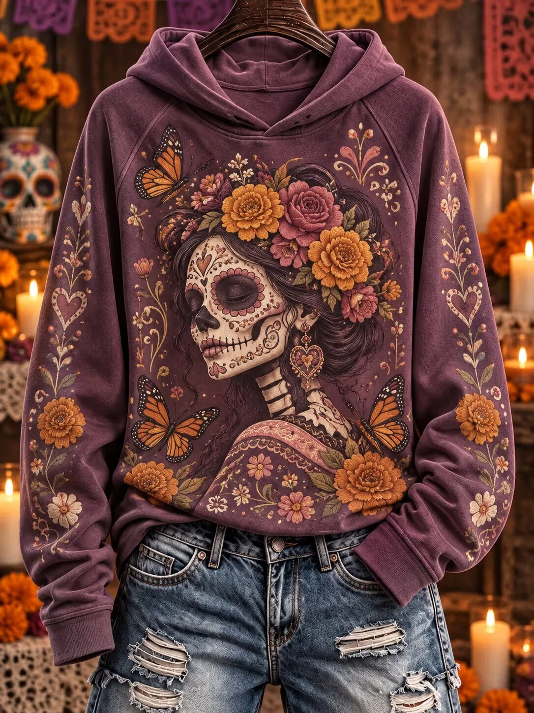 Day of the Dead Sugar Skull Woman Floral Butterfly Hoodie