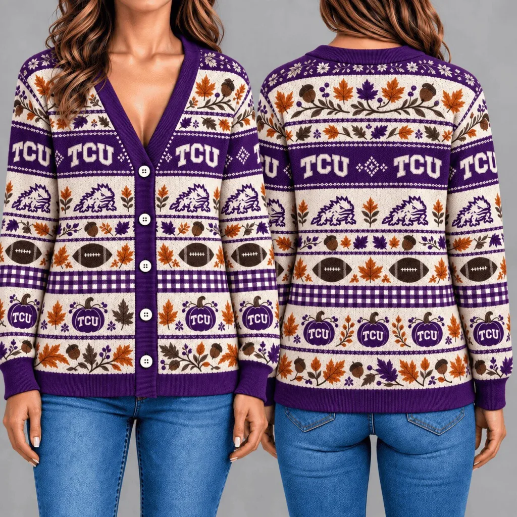 TCU Horned Frogs Autumn Leaves Football Pattern Cardigan Sweater TCU Horned Frogs Autumn Leaves Football Pattern Cardigan Sweater