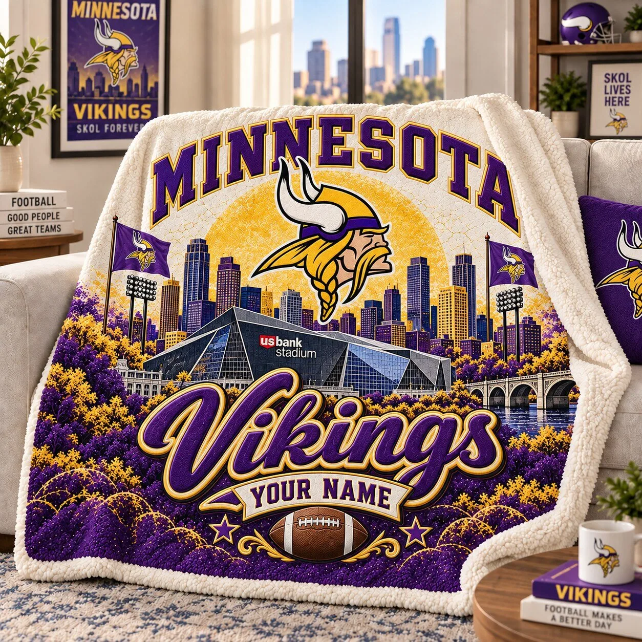 Minnesota Vikings NFL Football Team Custom Name Sherpa Fleece Blanket