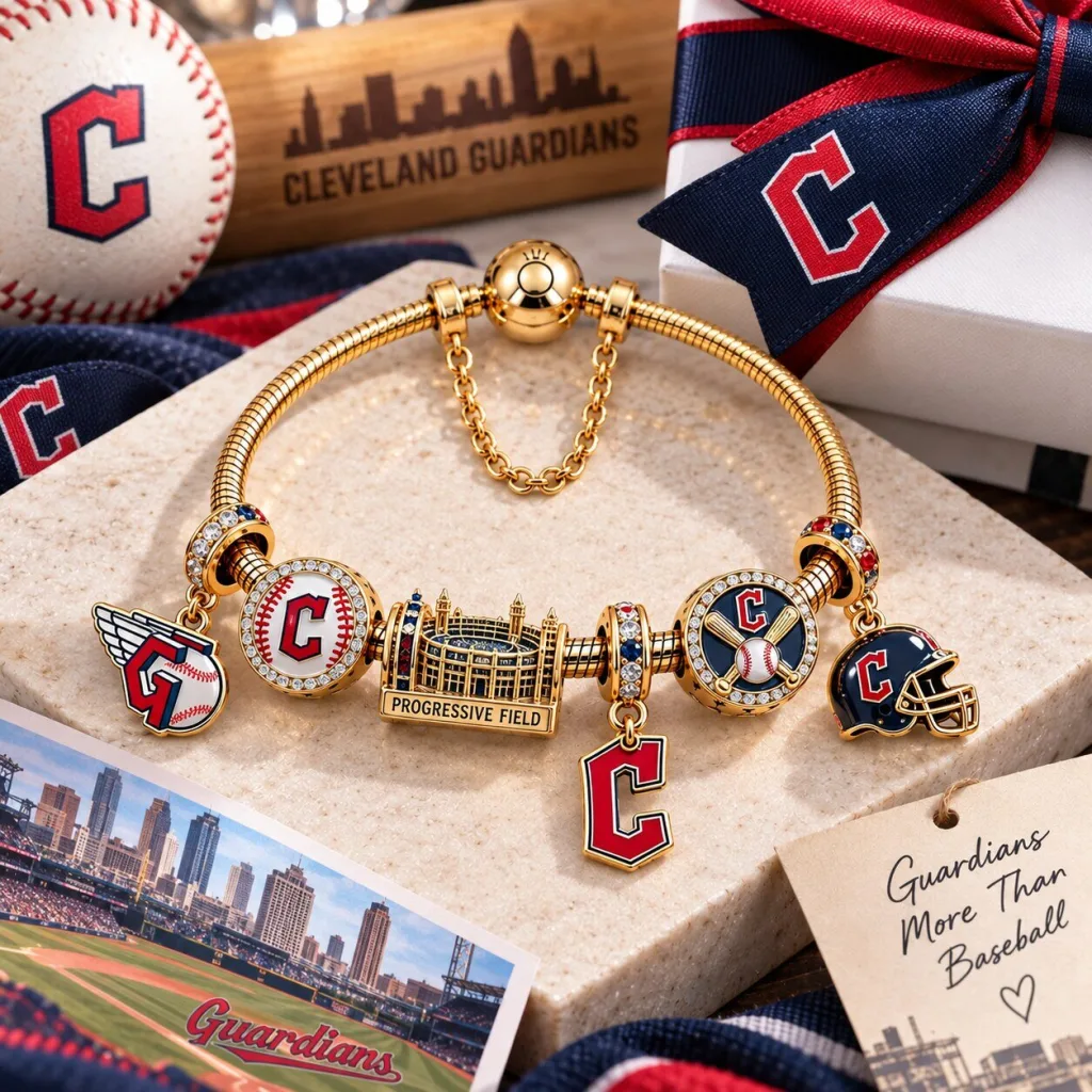 Cleveland Guardians Gold Charm Bracelet Set with Progressive Field Charm Cleveland Guardians Gold Charm Bracelet Set with Progressive Field Charm