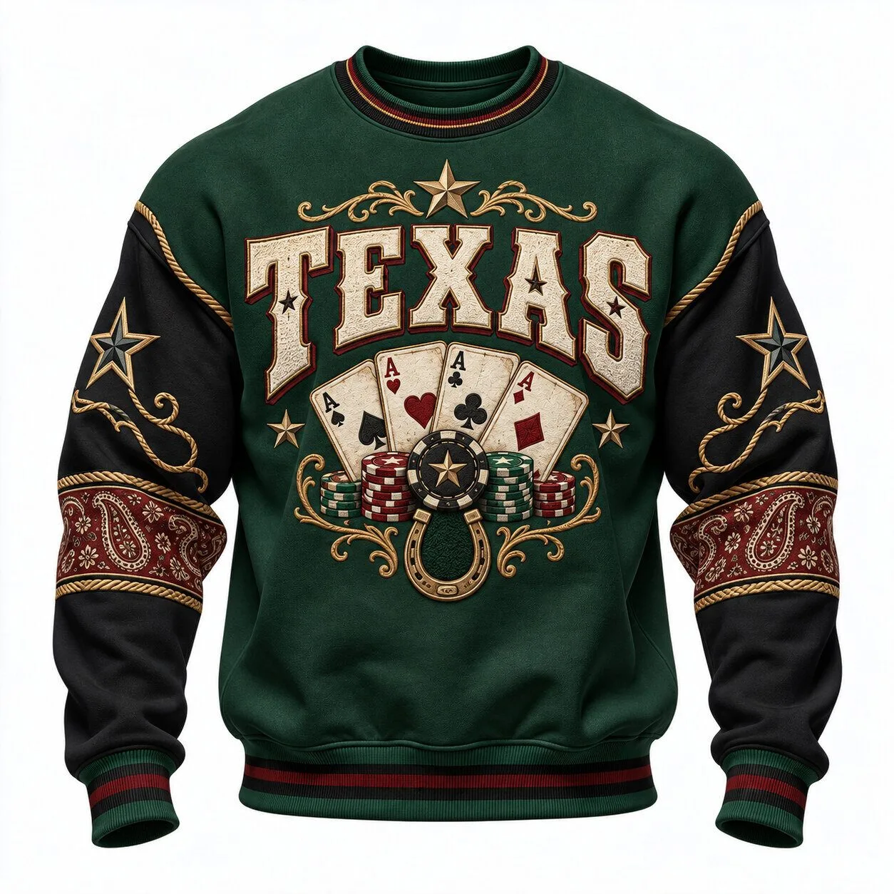 Texas Poker Card Game Cowboy Style Green Crewneck Sweatshirt