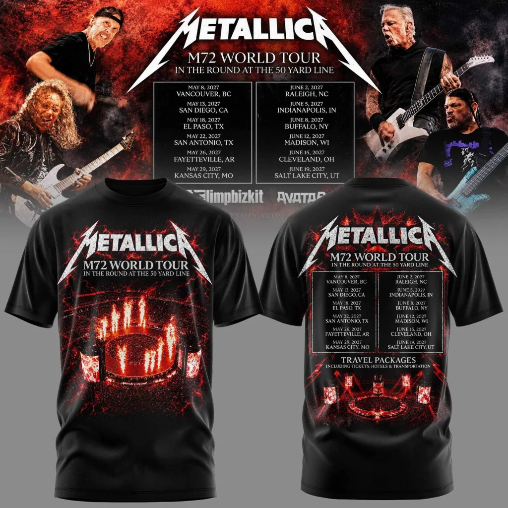 Metallica M72 World Tour 2027 Concert Dates All Over Print Graphic T-Shirt Metallica M72 World Tour 2027 Concert Dates All Over Print Graphic T-Shirt