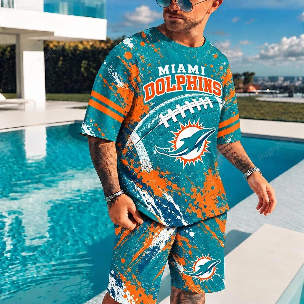 Miami Dolphins Football Team Splatter Paint Design T-Shirt and Shorts Set