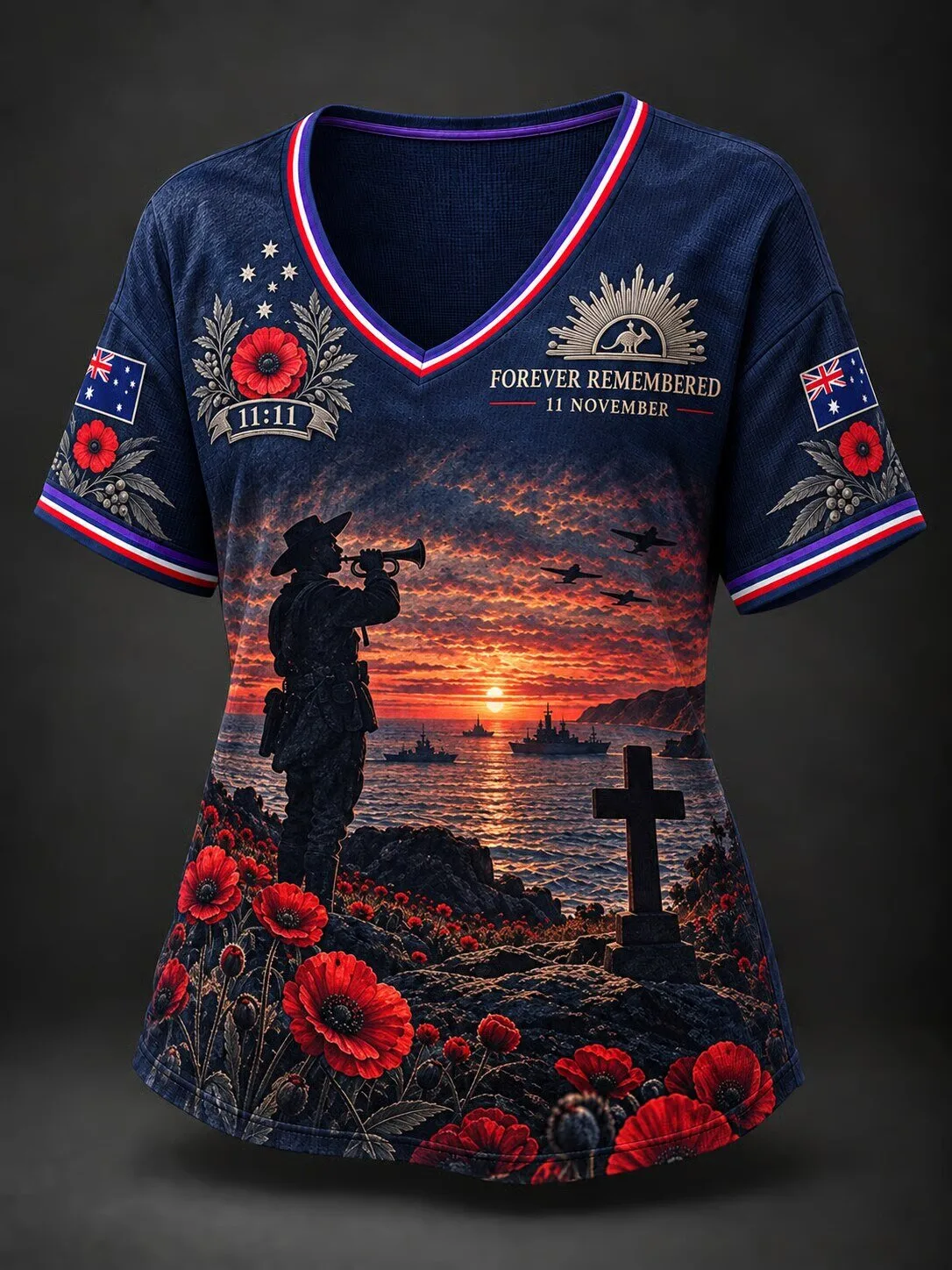 Australia Remembrance Day Forever Remembered 11 November Poppy Field V-Neck T-Shirt