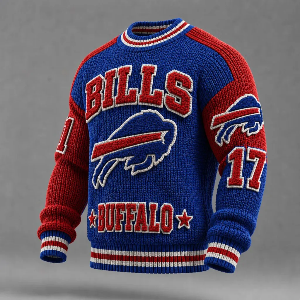Buffalo Bills Football Team Blue and Red Knitted Crewneck Pullover Sweater Buffalo Bills Football Team Blue and Red Knitted Crewneck Pullover Sweater