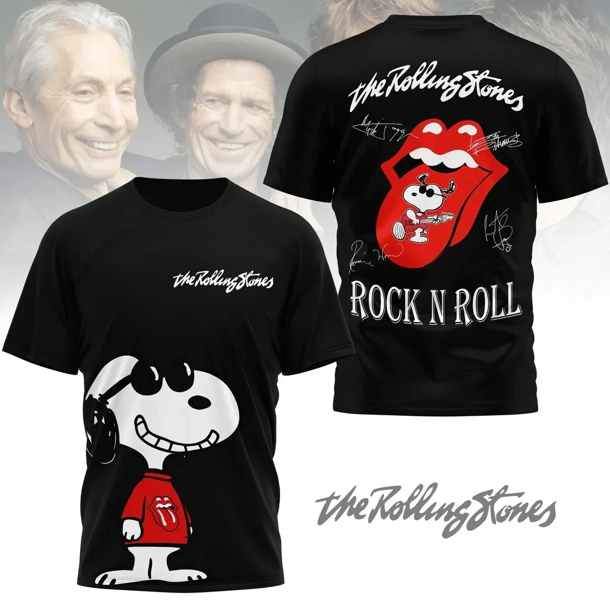 The Rolling Stones Snoopy Rock and Roll Band Music Fan Black T-Shirt
