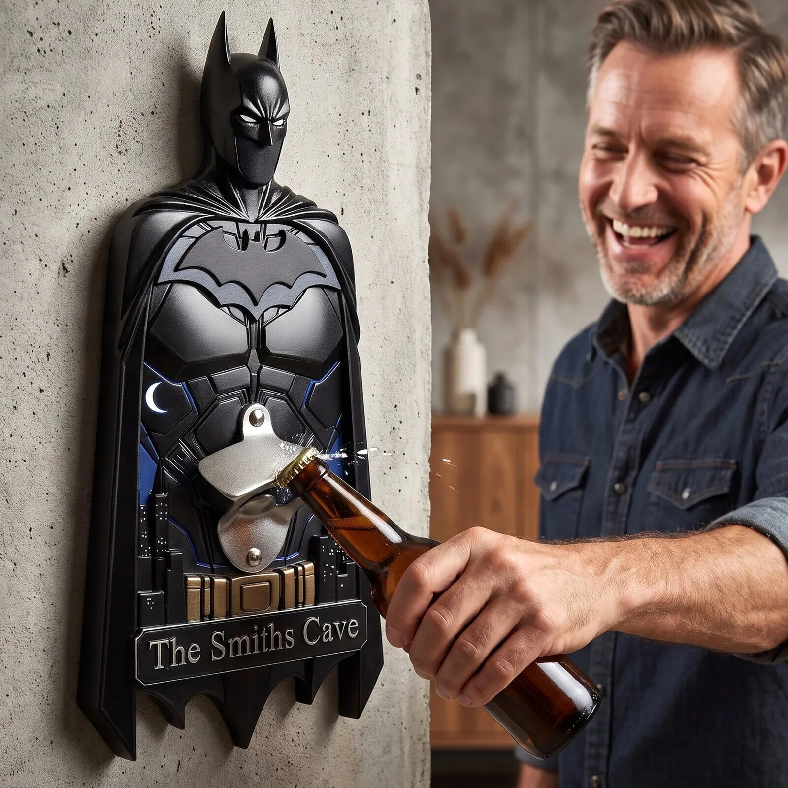 Batman Wall Mounted Bottle Opener with Personalized Batcave Sign