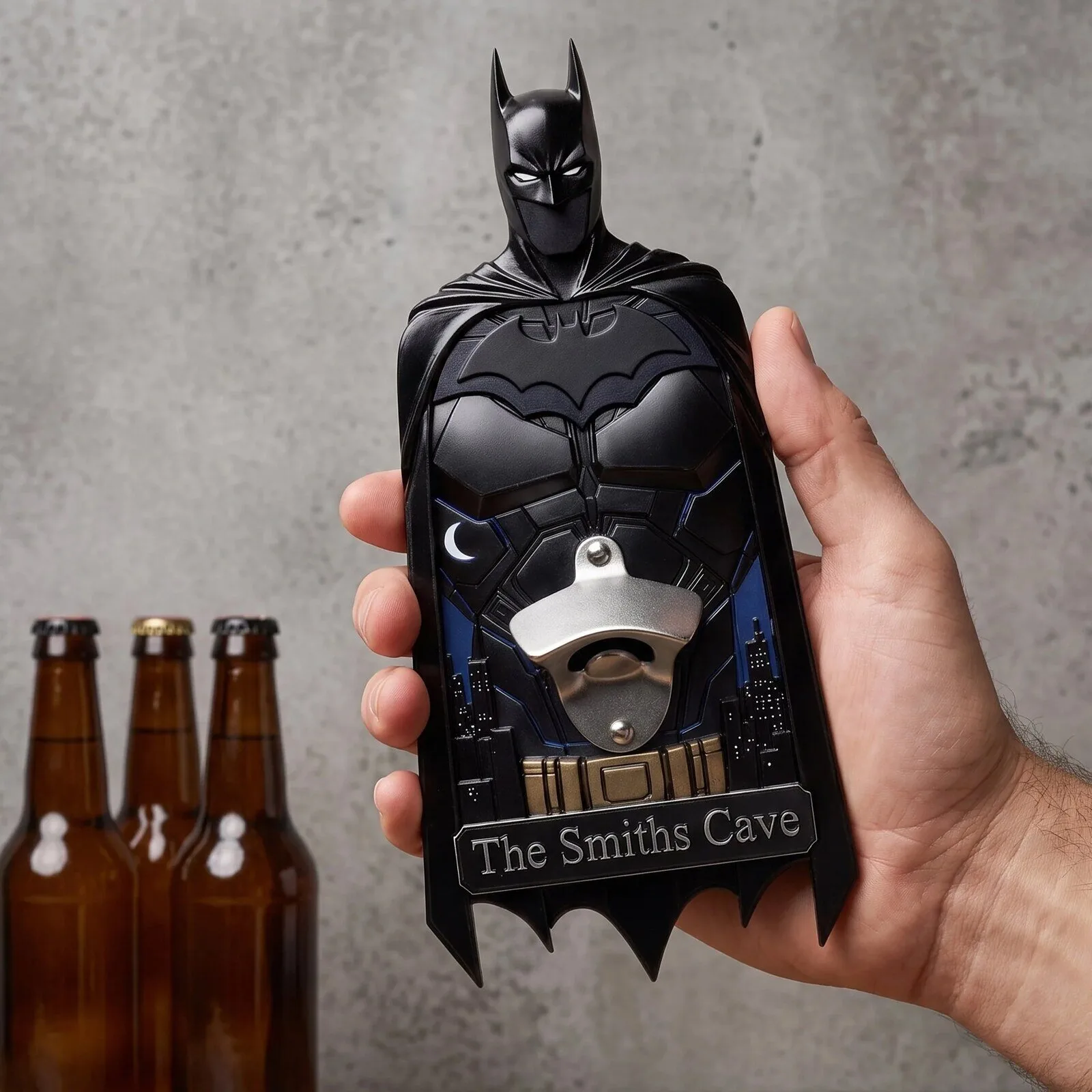 Batman Wall Mounted Bottle Opener with Personalized Batcave Sign