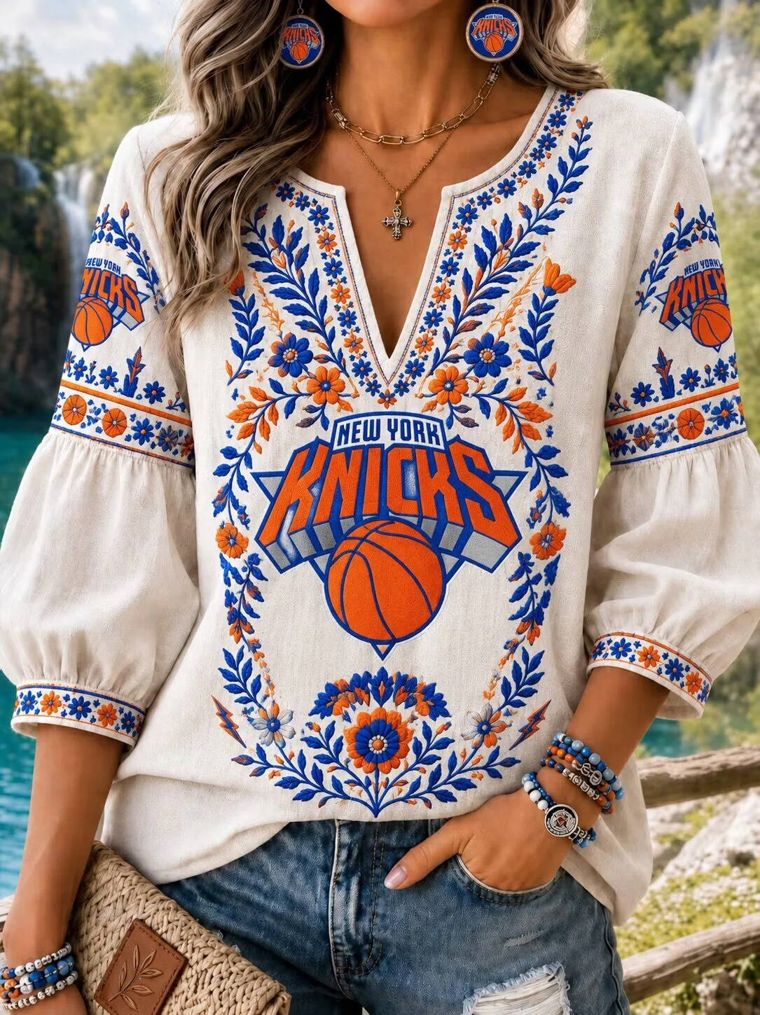 New York Knicks Floral Embroidered V-Neck Boho Long Sleeve Blouse
