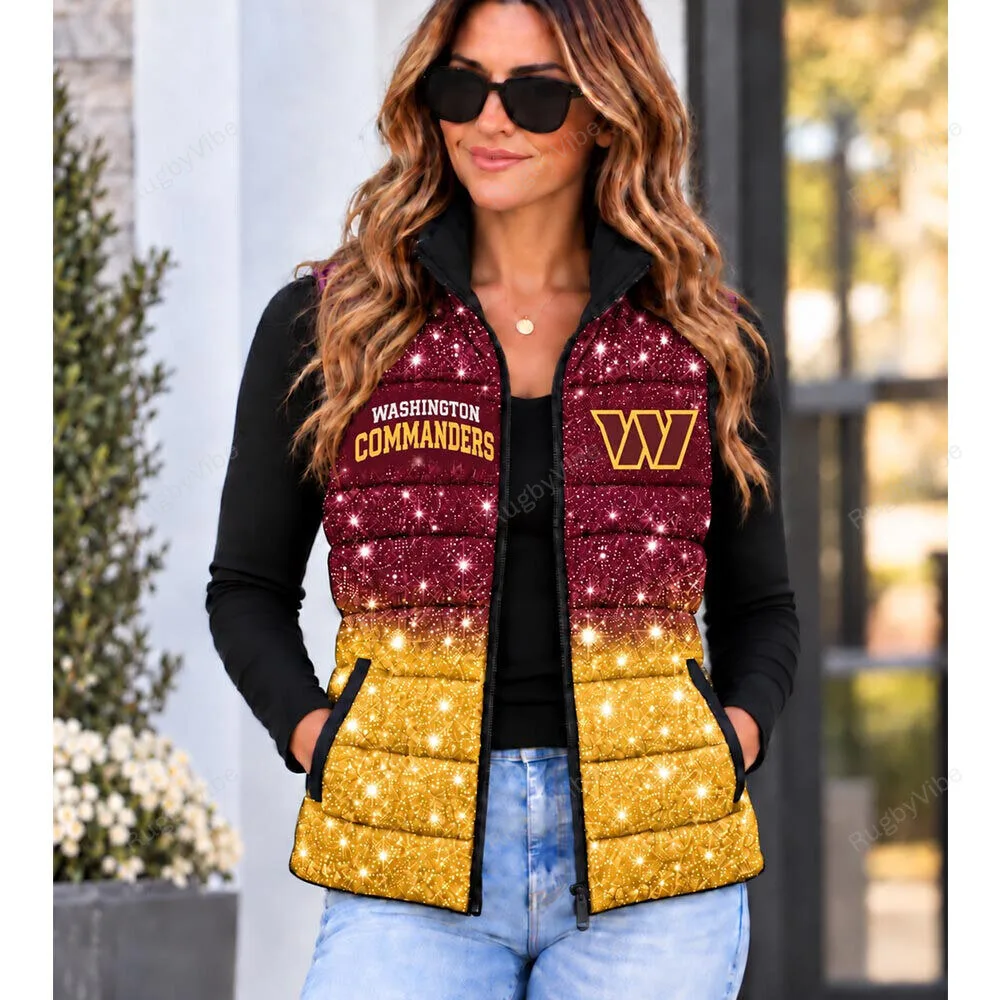 Washington Commanders Glitter Ombre Burgundy Gold Puffer Vest for Women