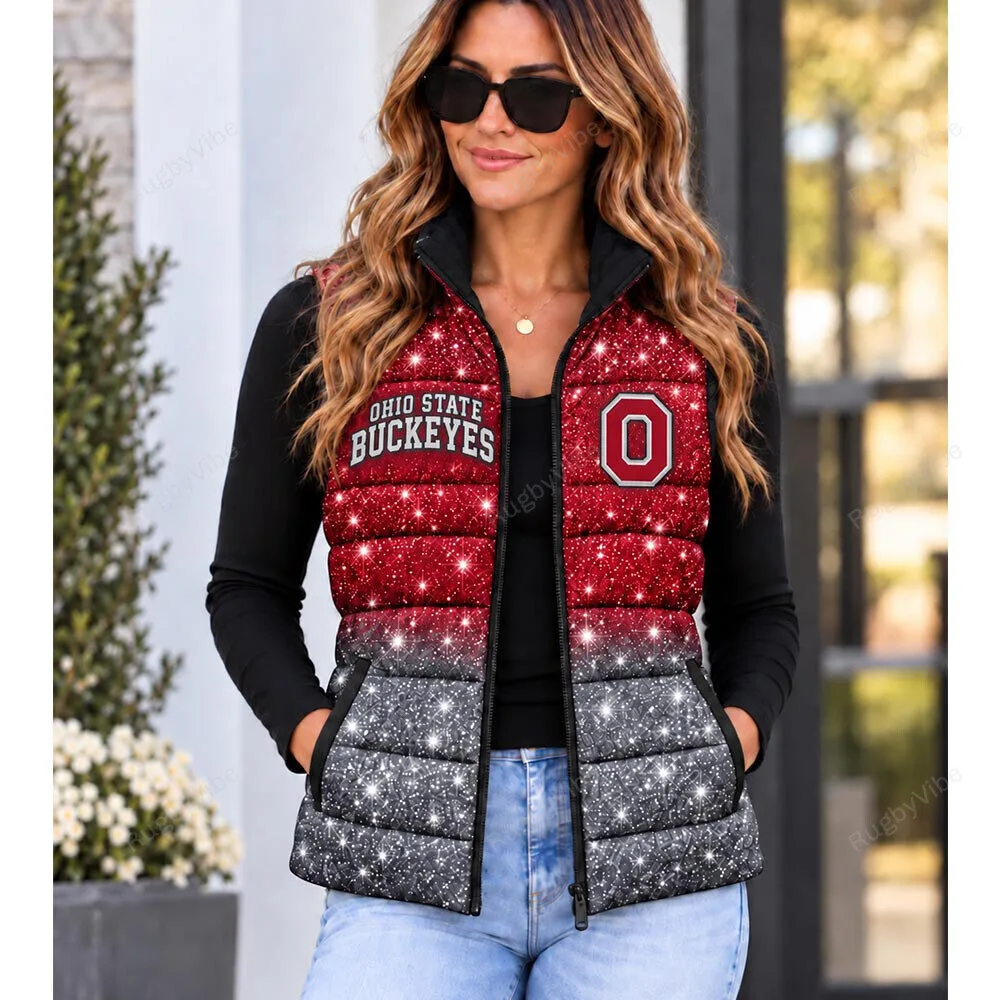 Ohio State Buckeyes Glitter Print Red and Black Ombre Puffer Vest