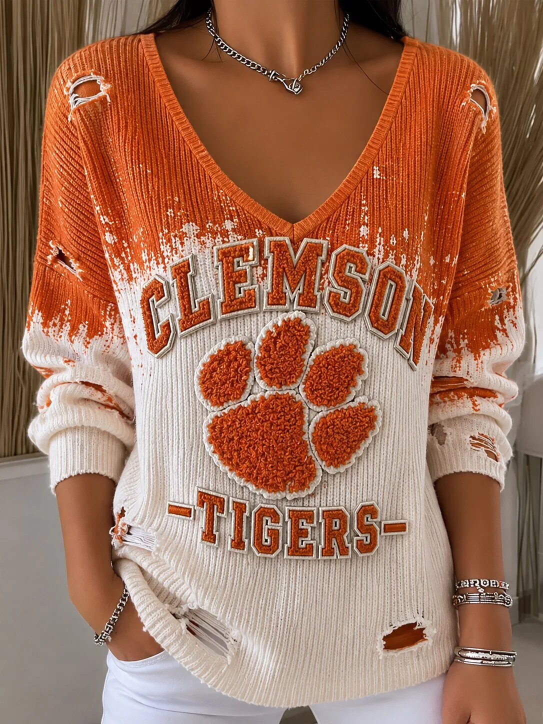 Clemson Tigers Distressed V-Neck Long Sleeve Sweater