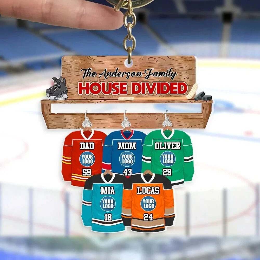 Personalized Ice Hockey Family House Divided Name and Number Keychain