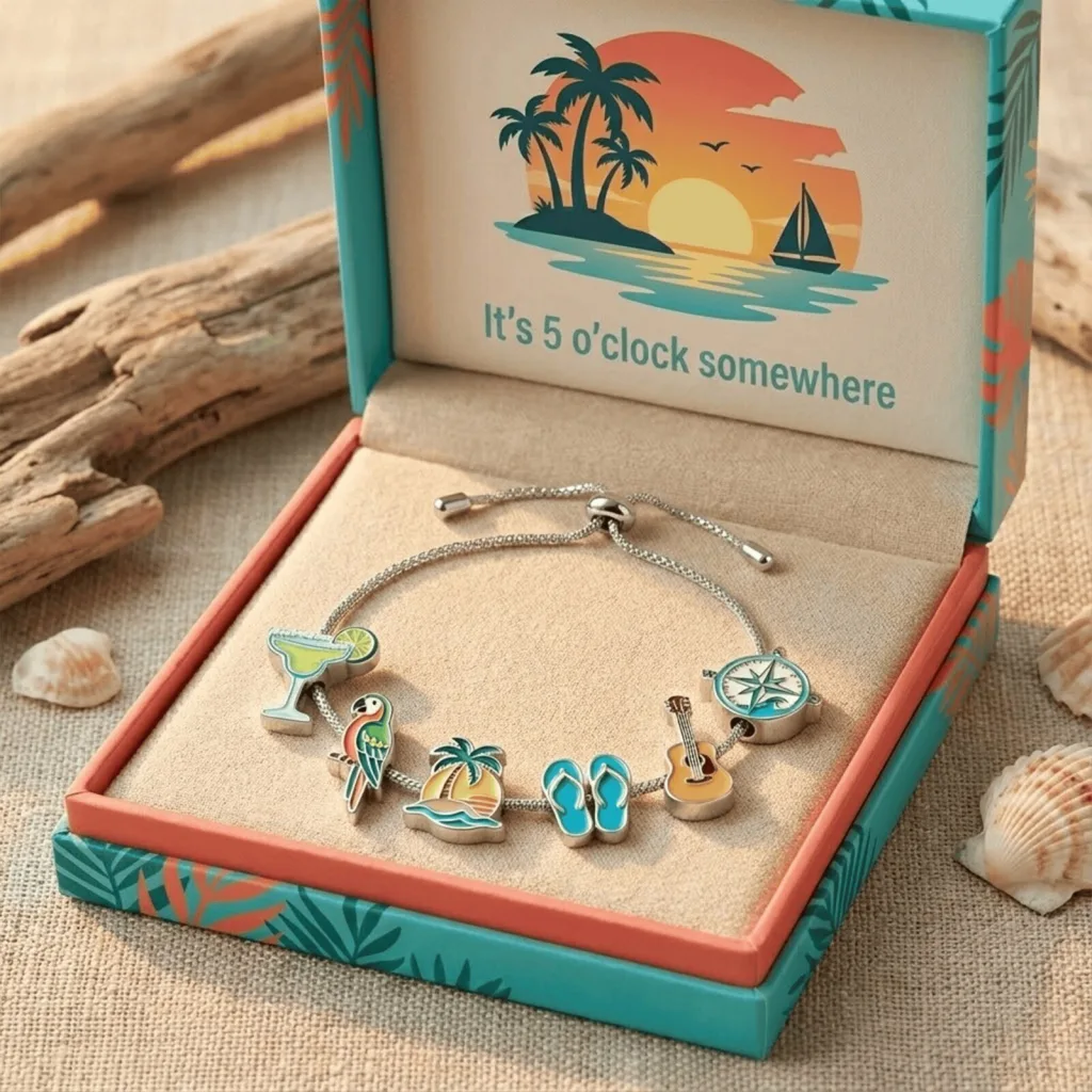 Tropical Paradise Charm Bracelet with Adjustable Slider Closure Tropical Paradise Charm Bracelet with Adjustable Slider Closure