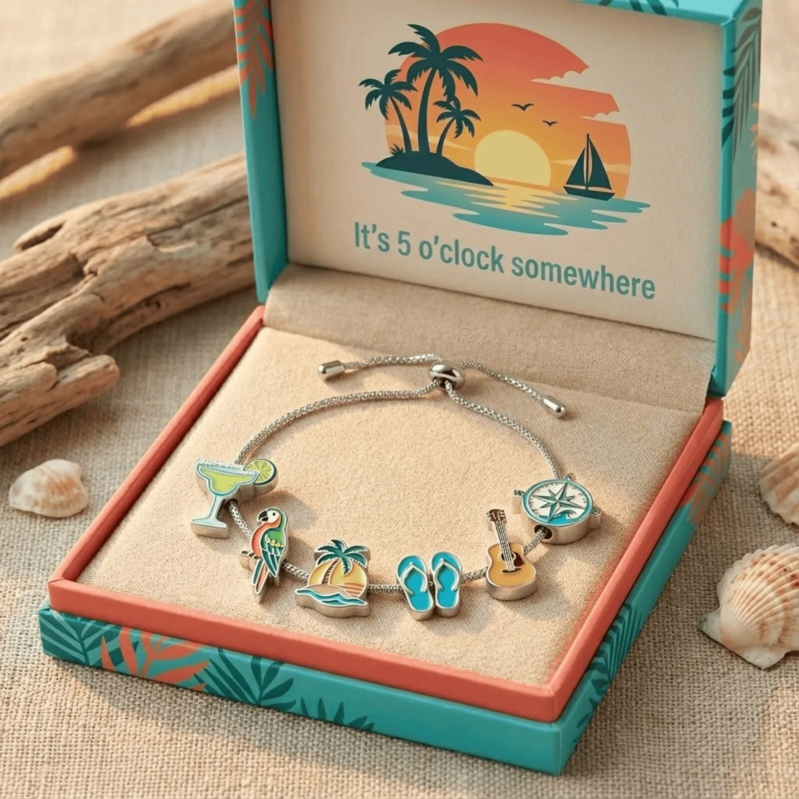 Tropical Paradise Charm Bracelet with Adjustable Slider Closure 1 Tropical Paradise Charm Bracelet with Adjustable Slider Closure