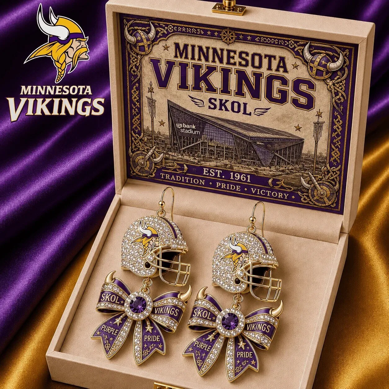 Minnesota Vikings Football Helmet and Bow Dangle Earrings