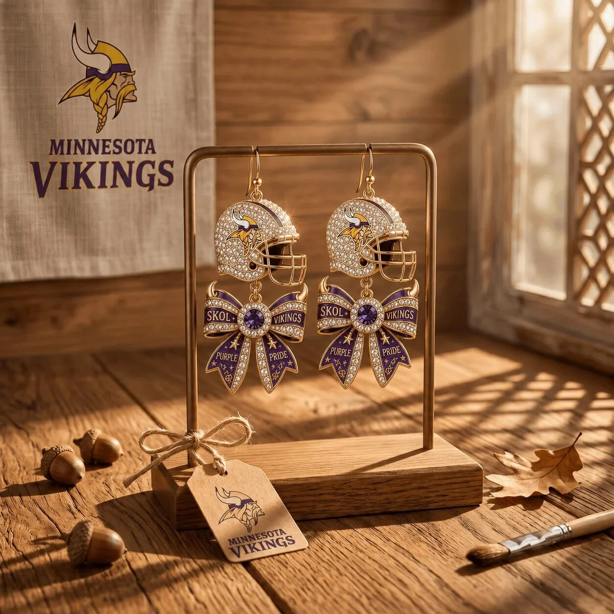 Minnesota Vikings Football Helmet and Bow Dangle Earrings