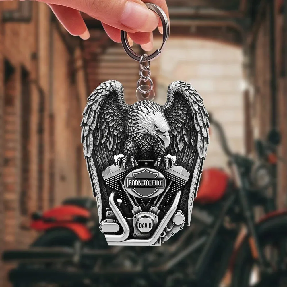 Born to Ride Eagle Motorcycle Engine Personalized Keychain for Bikers