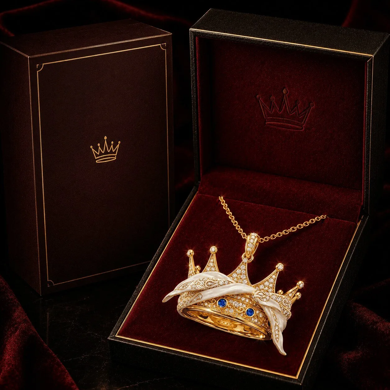 Golden Crown Pendant Necklace with Blue Gemstones and White Enamel