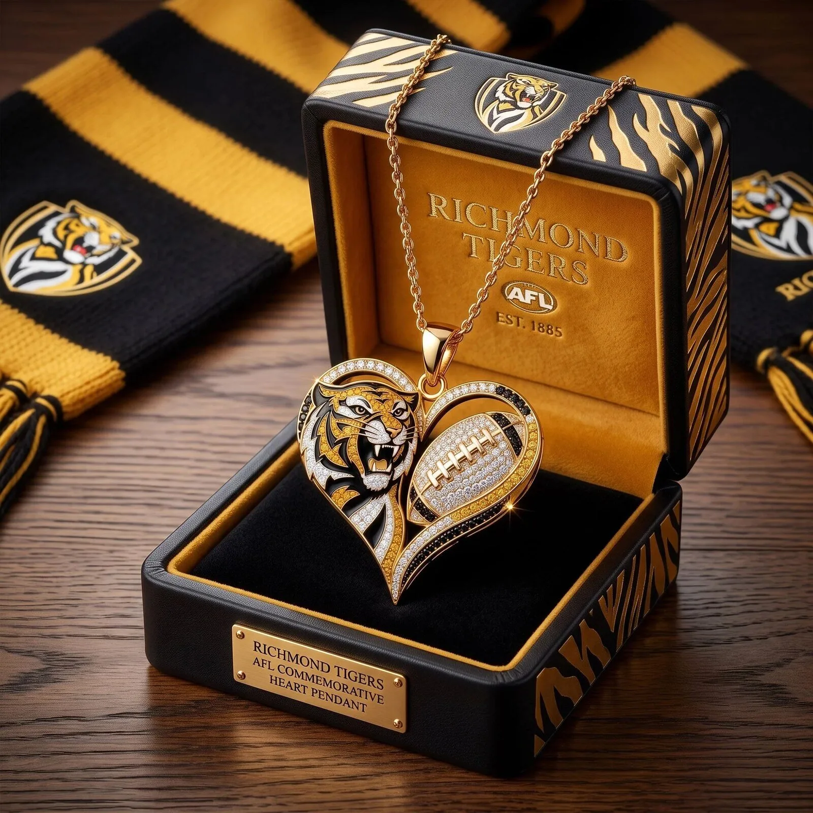 AFL Richmond Tigers Heart Pendant Necklace Featuring Diamond Accents for Commemoration