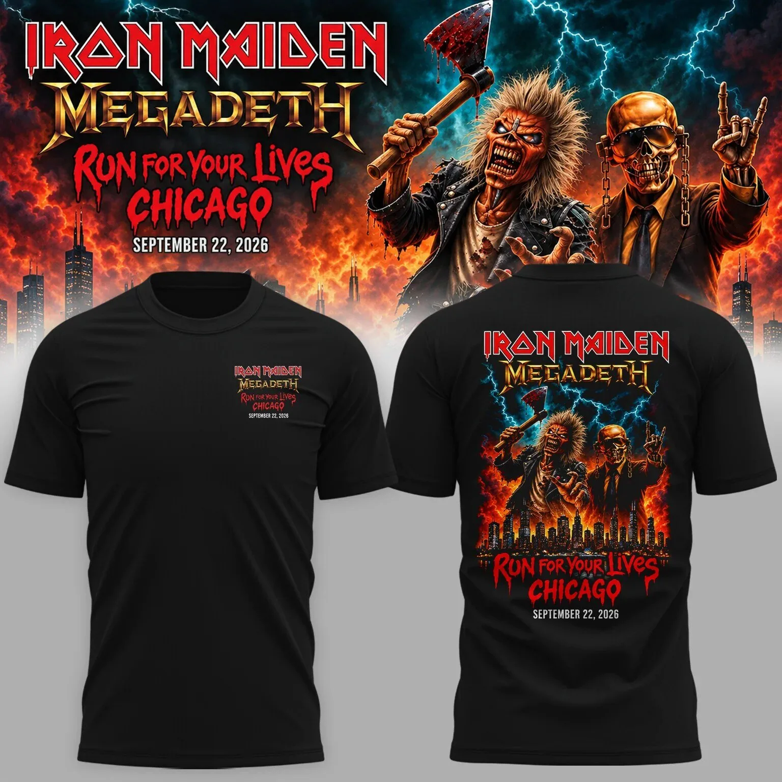 Iron Maiden Megadeth Run For Your Lives Chicago September 22 2026 Concert T-Shirt 1 Iron Maiden Megadeth Run For Your Lives Chicago September 22 2026 Concert T-Shirt