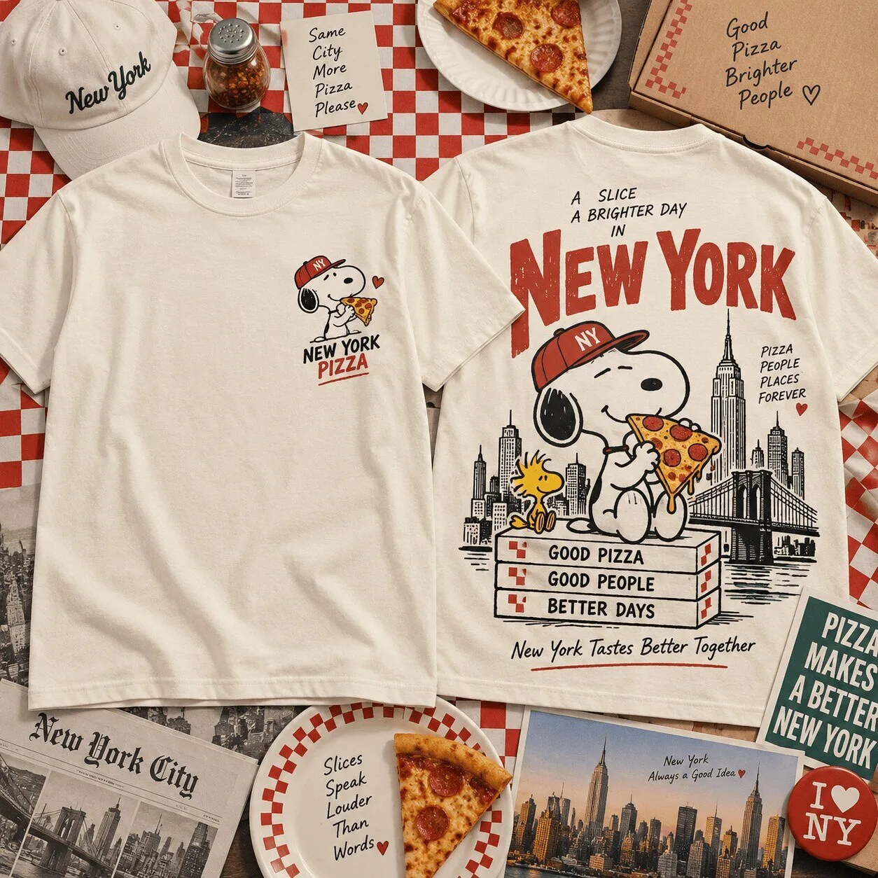 Snoopy New York Pizza Vintage Food Graphic Short Sleeve T-Shirt