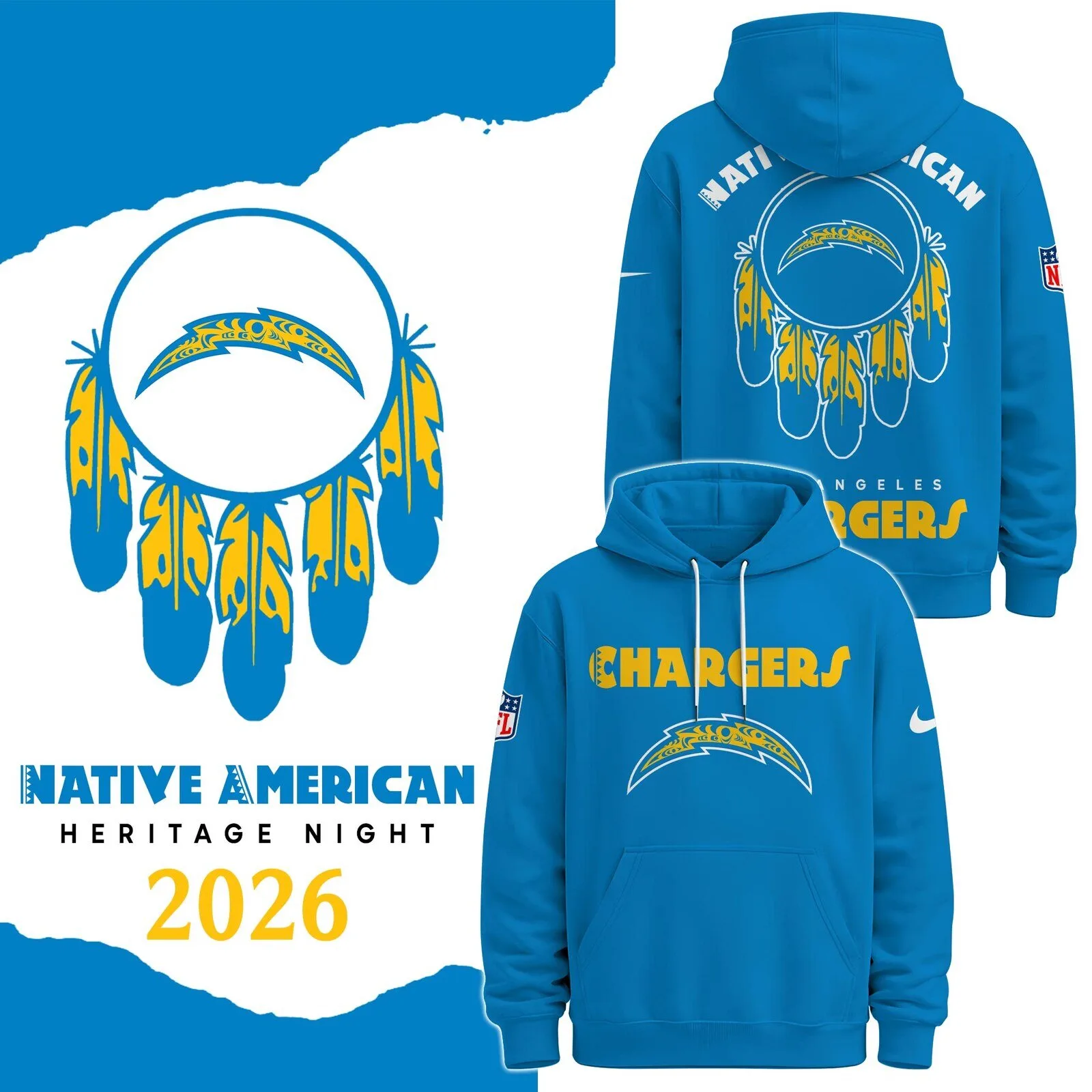 Los Angeles Chargers Native American Heritage Night Blue Hoodie
