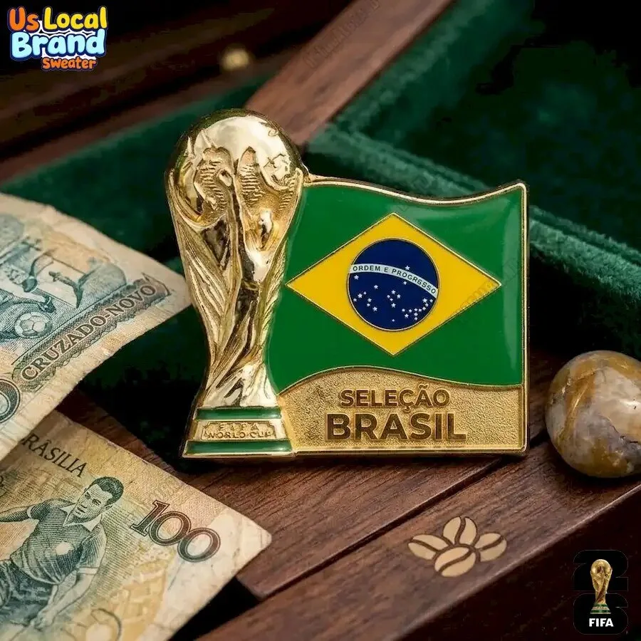 Brazil FIFA World Cup Trophy and Flag Enamel Pin Badge