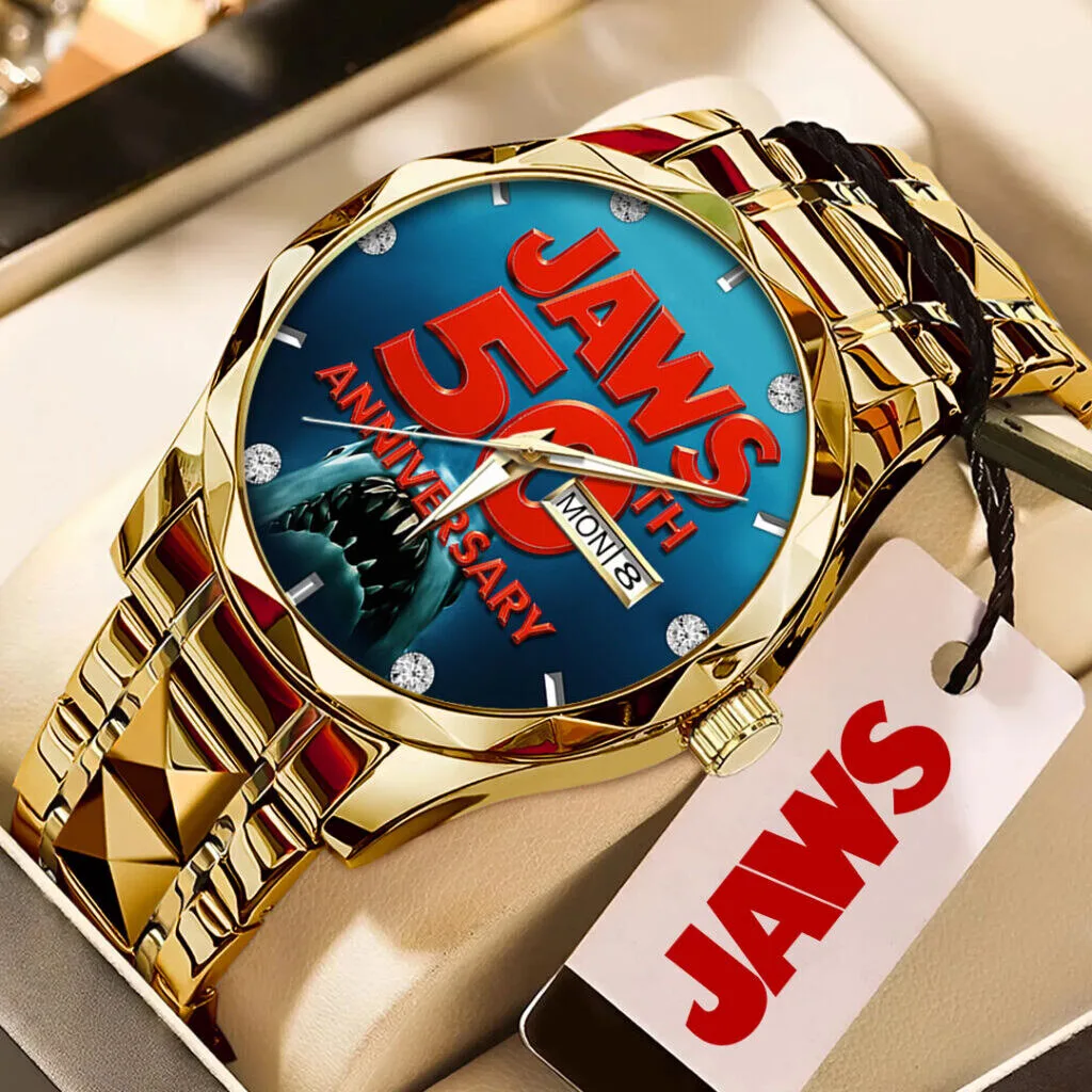Jaws 50th Anniversary Movie Poster Gold Tone Stainless Steel Watch 5 Jaws 50th Anniversary Movie Poster Gold Tone Stainless Steel Watch