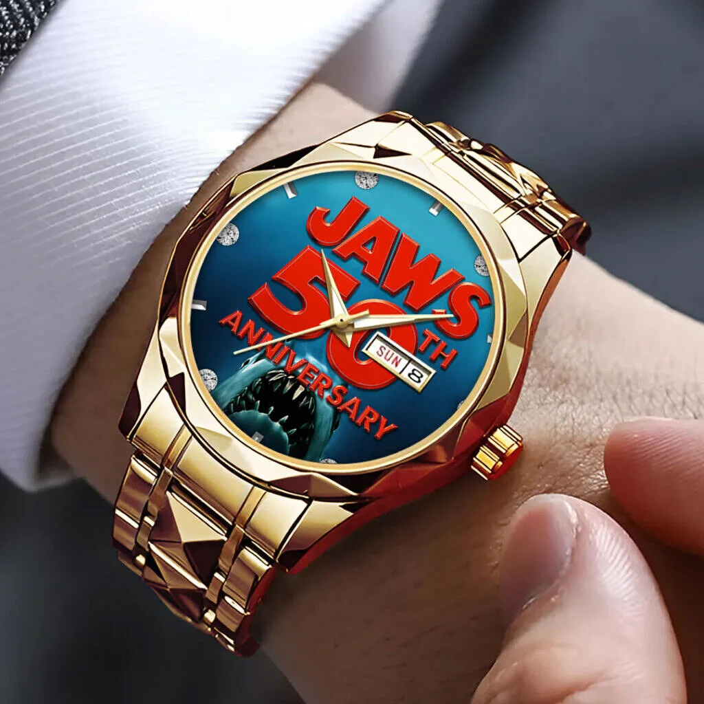 Jaws 50th Anniversary Movie Poster Gold Tone Stainless Steel Watch 6 Jaws 50th Anniversary Movie Poster Gold Tone Stainless Steel Watch