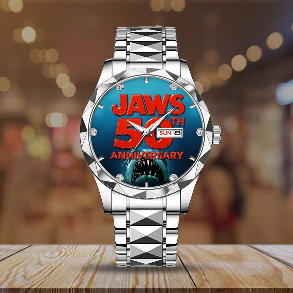 Jaws 50th Anniversary Movie Poster Gold Tone Stainless Steel Watch 7 Jaws 50th Anniversary Movie Poster Gold Tone Stainless Steel Watch