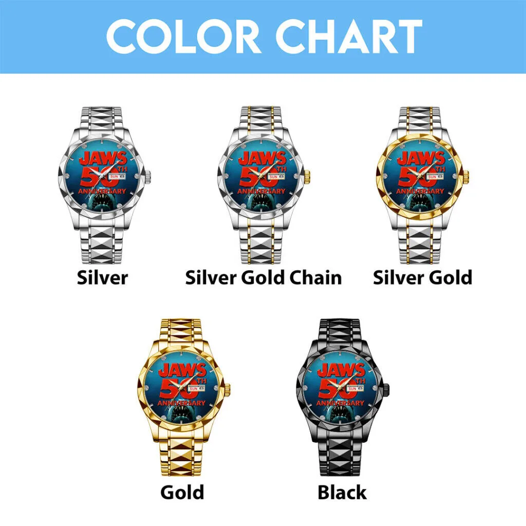 Jaws 50th Anniversary Movie Poster Gold Tone Stainless Steel Watch 8 Jaws 50th Anniversary Movie Poster Gold Tone Stainless Steel Watch
