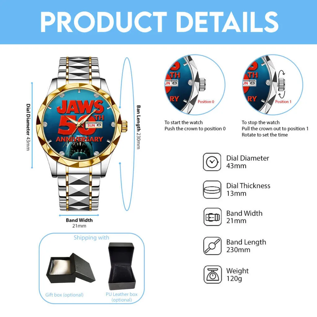 Jaws 50th Anniversary Movie Poster Gold Tone Stainless Steel Watch 9 Jaws 50th Anniversary Movie Poster Gold Tone Stainless Steel Watch