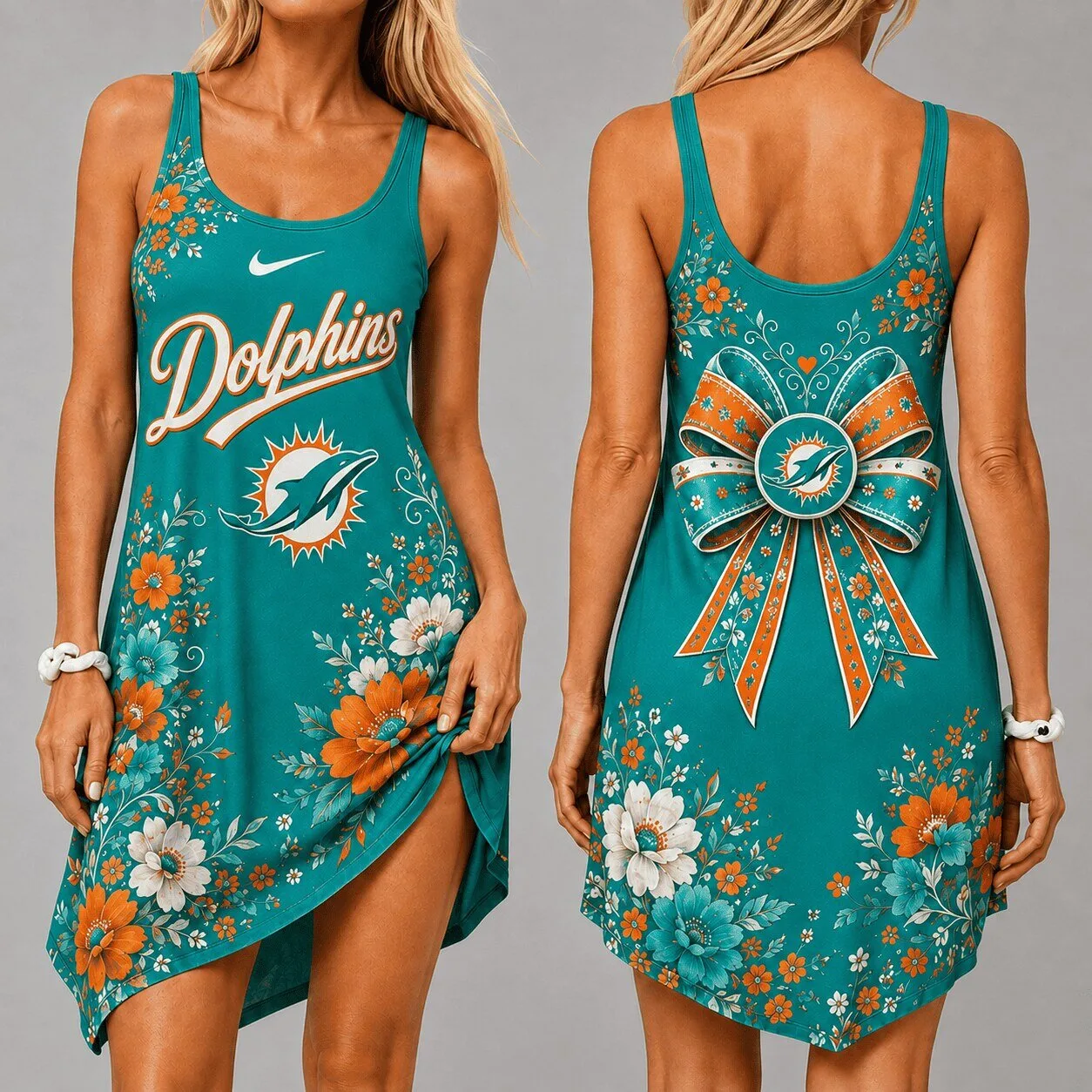 Miami Dolphins NFL Floral Teal Sleeveless Cami Dress for Women