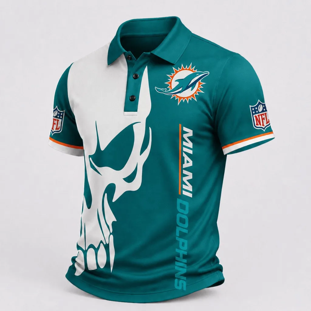 Men's Game Day Polo Shirt featuring Miami Dolphins Skull Design Men's Game Day Polo Shirt featuring Miami Dolphins Skull Design