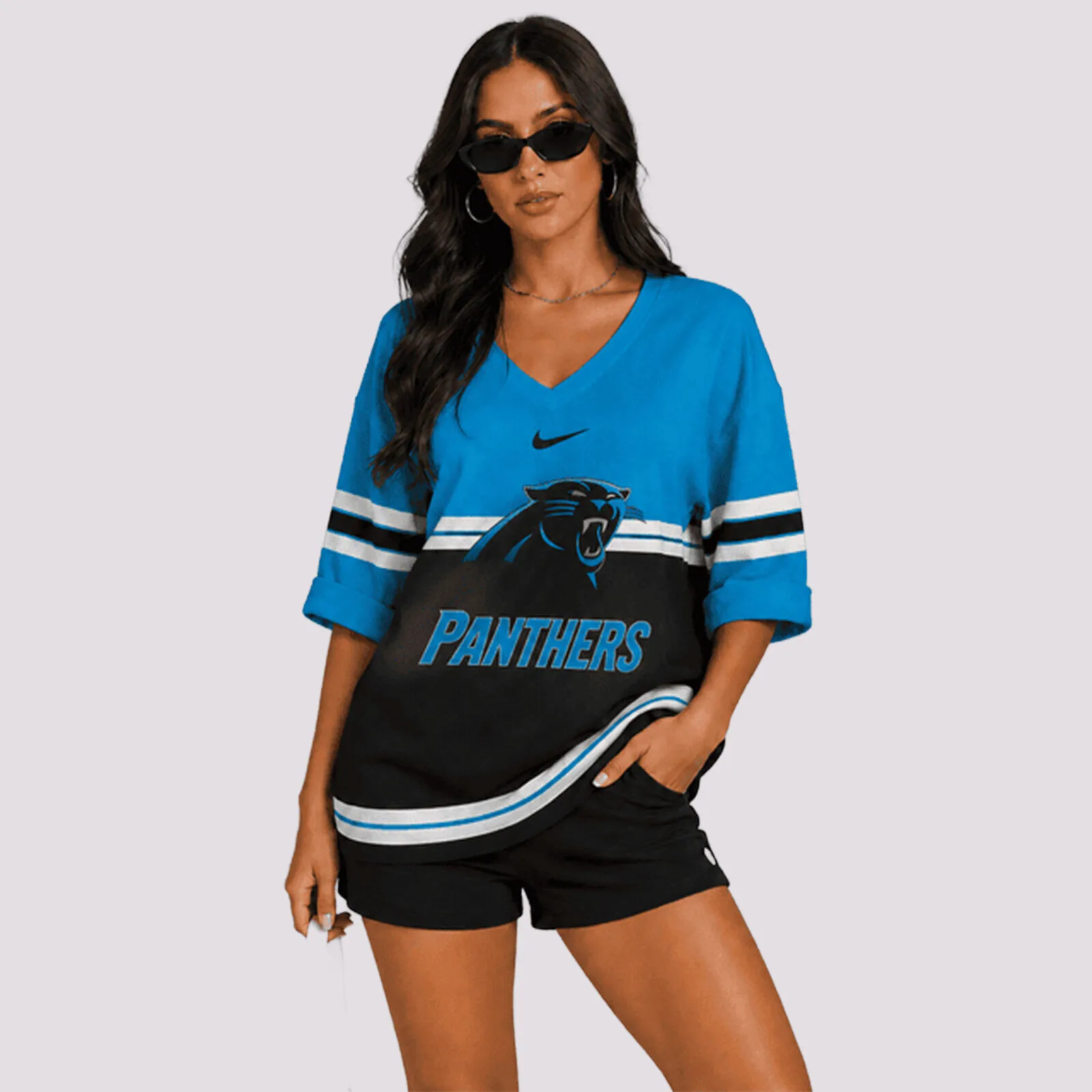 Carolina Panthers NFL Football Team V-Neck Oversized Long Sleeve T-Shirt