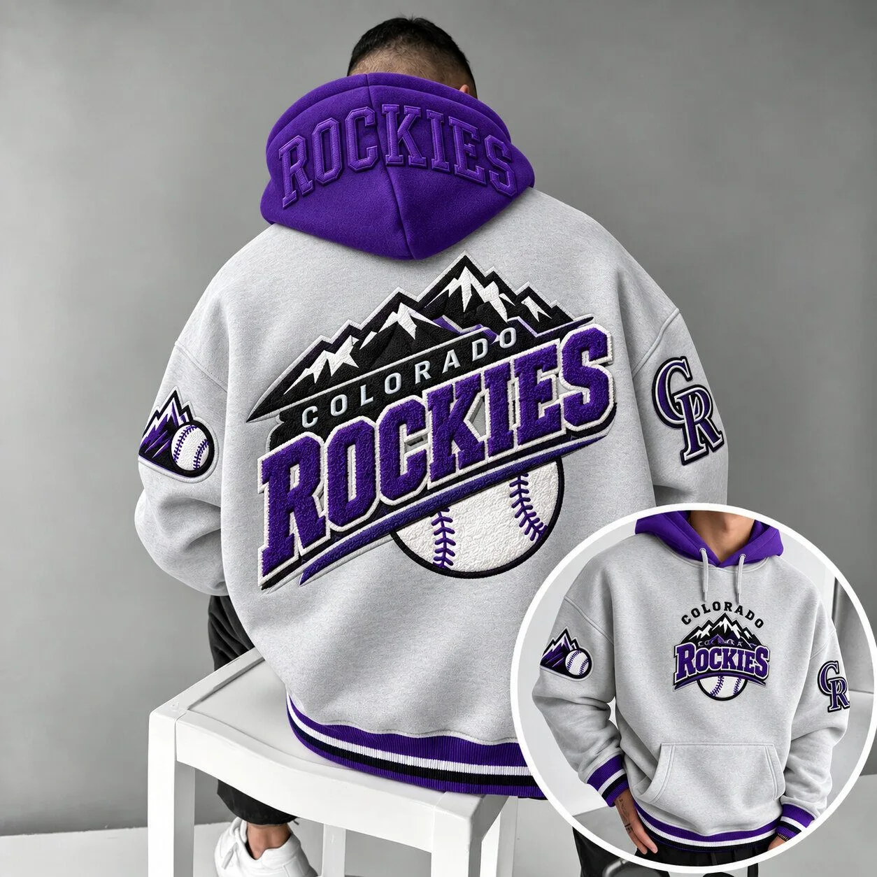 Colorado Rockies Baseball Team Embroidered Gray and Purple Hoodie