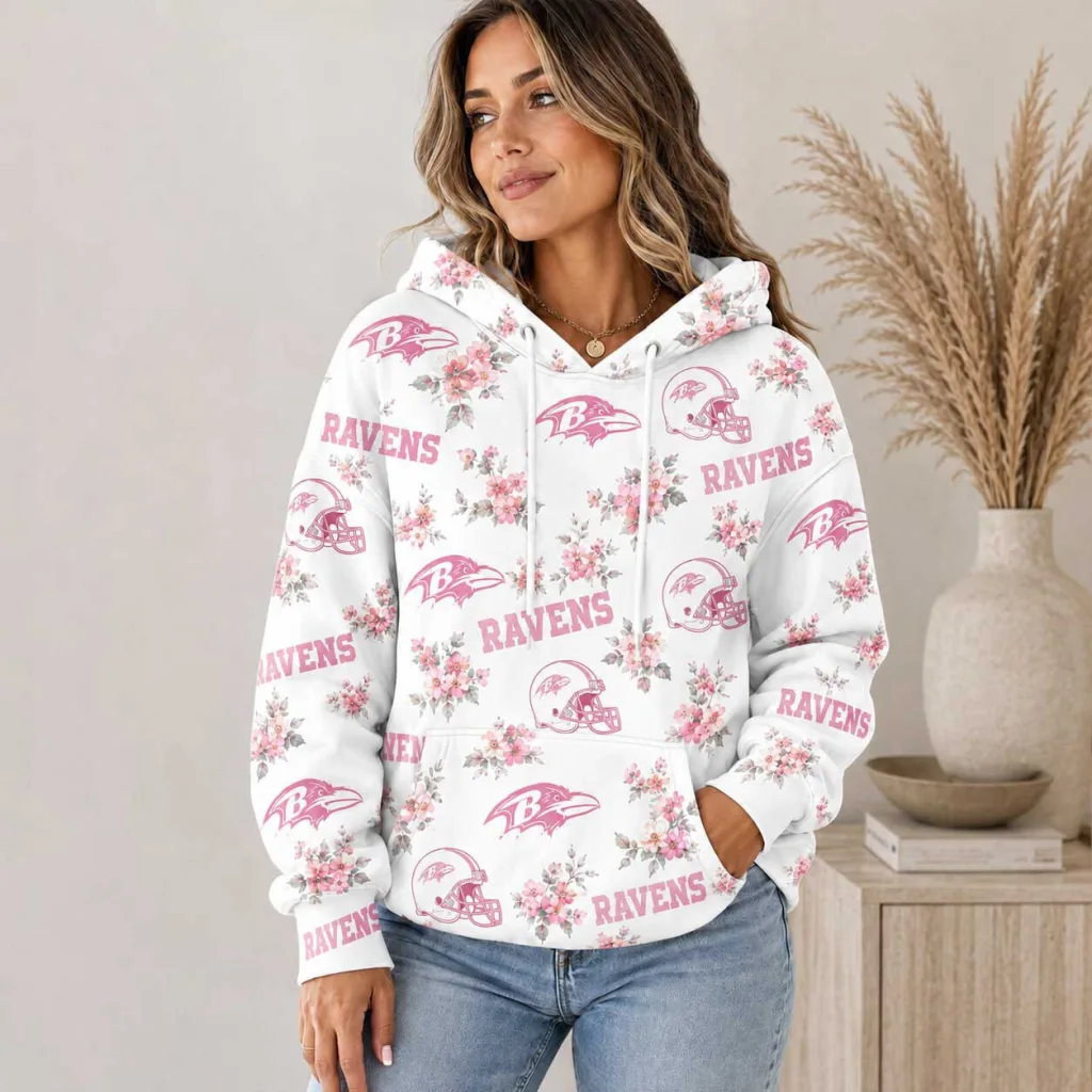 Baltimore Ravens Pink Floral Pattern NFL Football Team Hoodie for Women Baltimore Ravens Pink Floral Pattern NFL Football Team Hoodie for Women