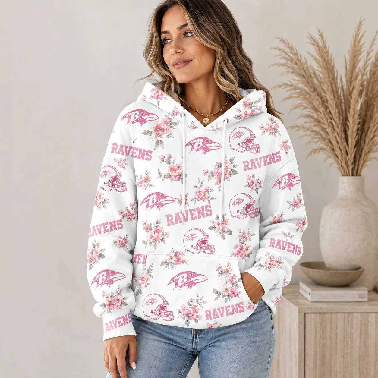 Baltimore Ravens Pink Floral Pattern NFL Football Team Hoodie for Women