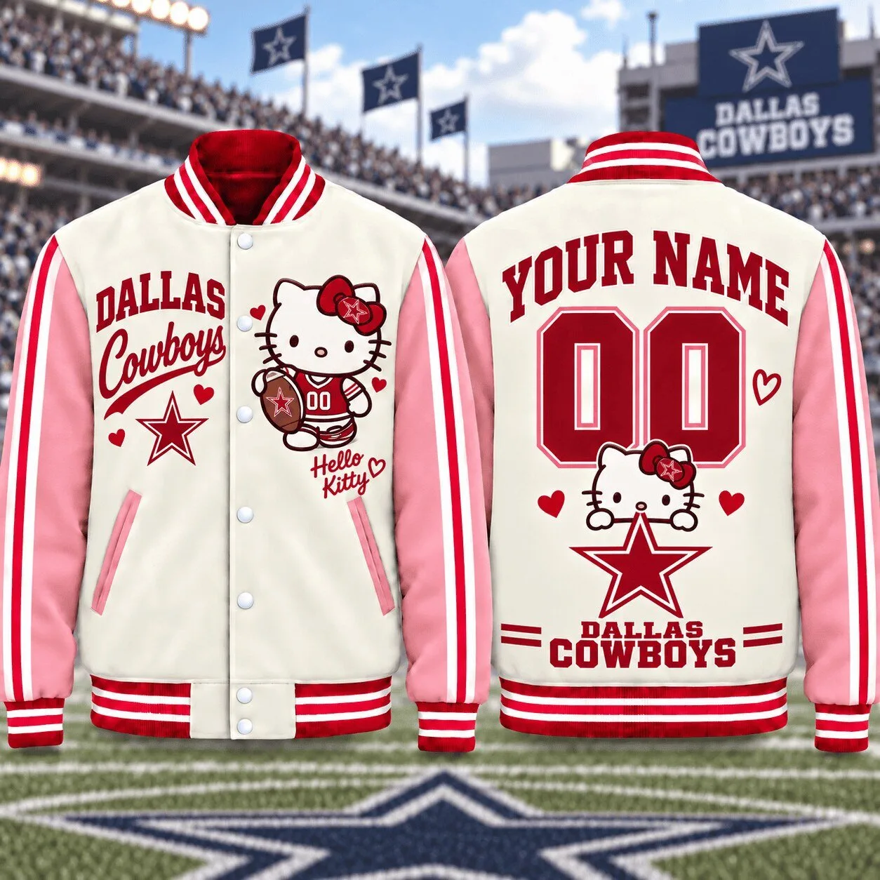 Personalized Varsity Jacket with Name and Number featuring Dallas Cowboys and Hello Kitty 1 Personalized Varsity Jacket with Name and Number featuring Dallas Cowboys and Hello Kitty
