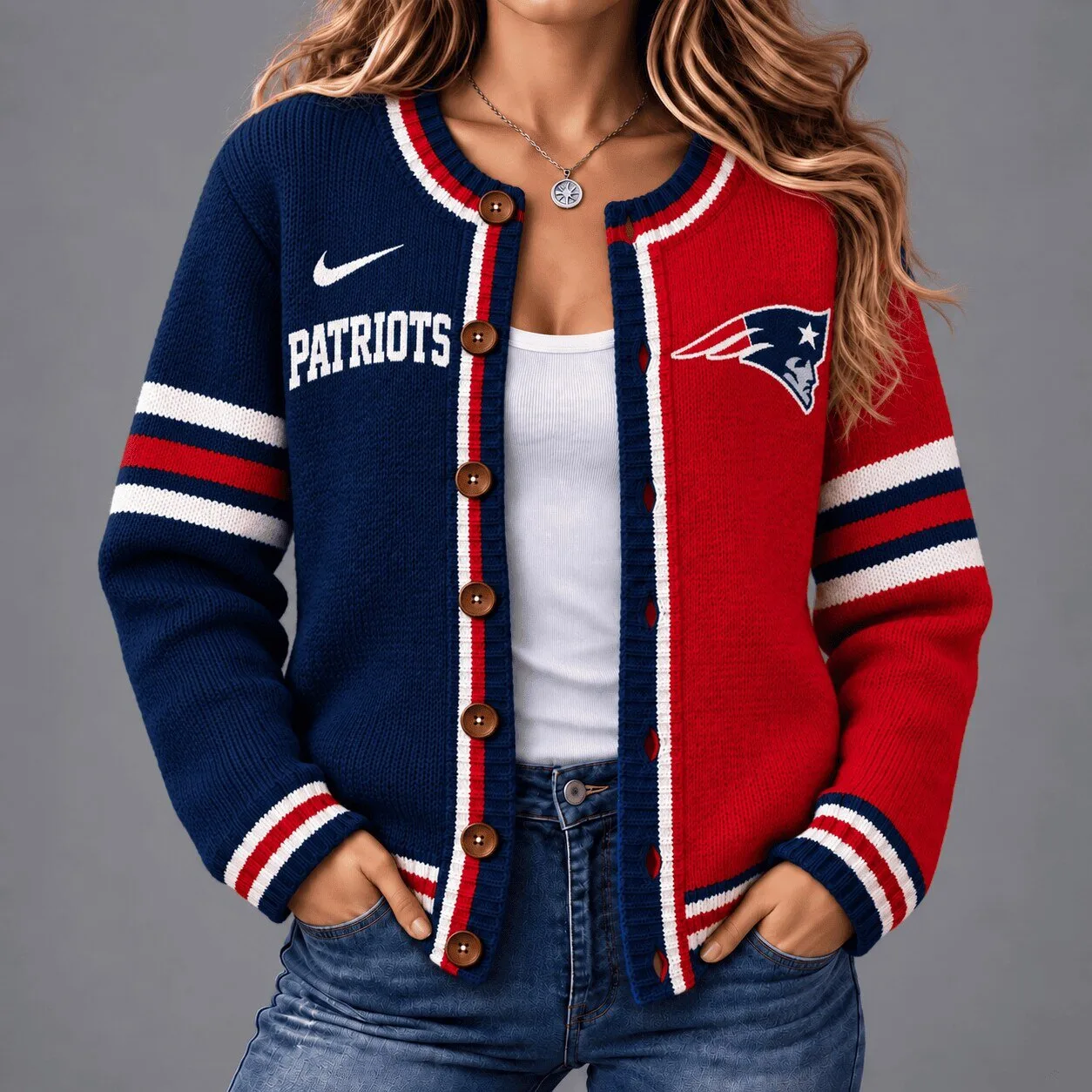 New England Patriots NFL Team Logo Split Color Block Cardigan Sweater