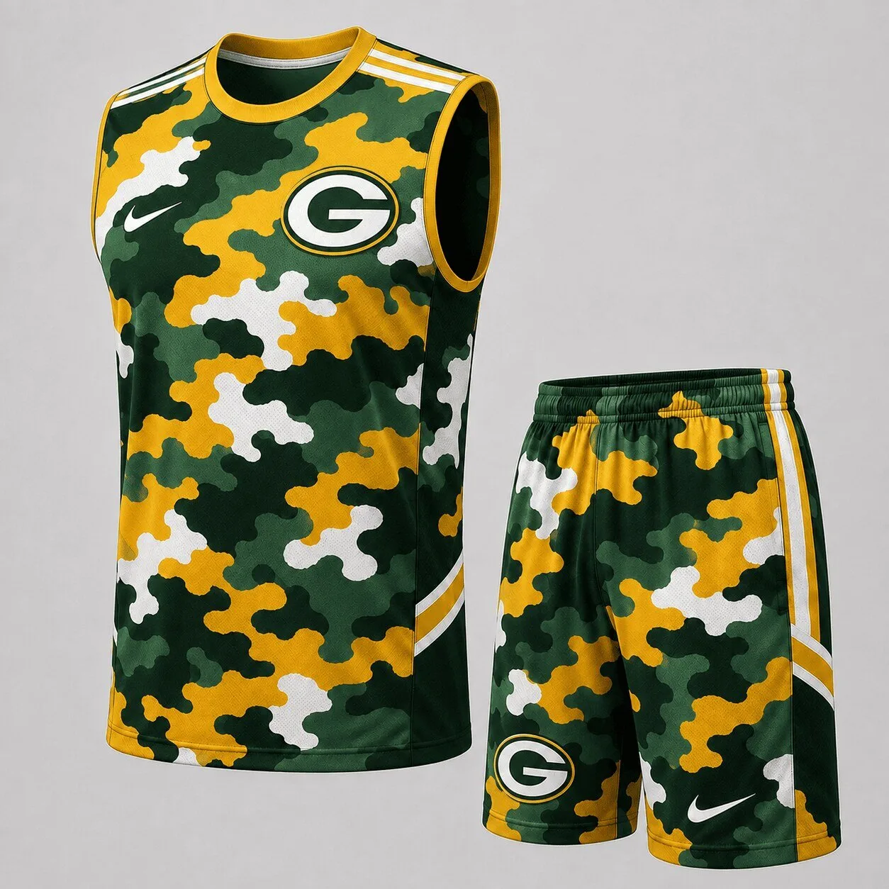 Green Bay Packers Camouflage Pattern Sleeveless Performance Tank Top and Shorts Set